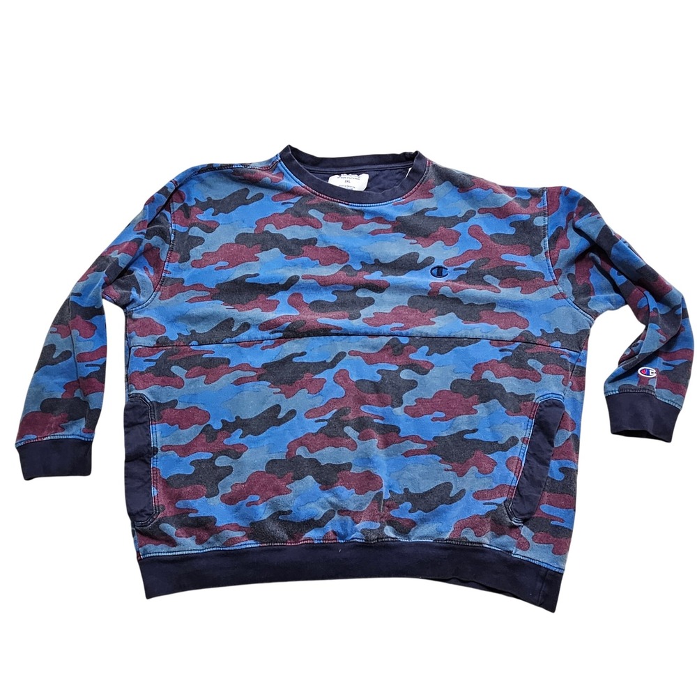 Champion Mens 3XL Blue‎ Maroon Camo Crewneck Sweatshirt Pockets Athleticwear